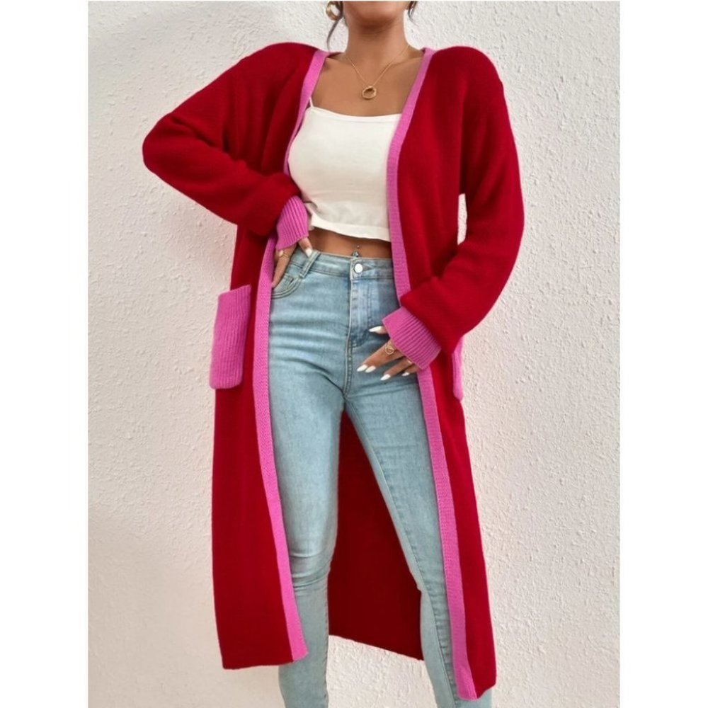 knit Open Front Colorblock Pocketed Cardigan Pink Red - Picture 8 of 10
